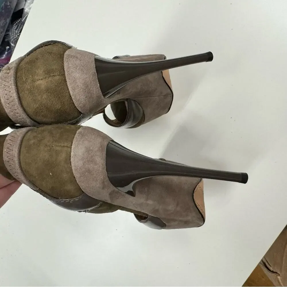 L.A.M.B. Olive Green & Grey Leather Contrast Stiletto Heels Womens 6 Y2K Suede